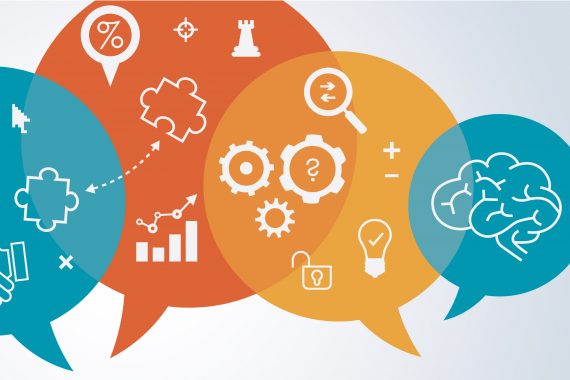 Speech bubbles with strategy, puzzle, lightbulb, and gear icons.