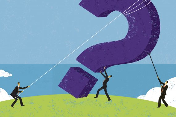 Illustration of tiny-sized people trying to set a question mark upright.