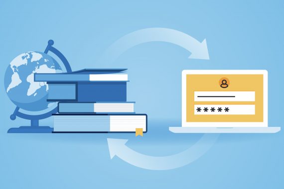 Globe and textbooks cycling to computer with login screen and cycling back again