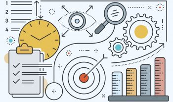 Line art which includes a checklist, magnifying glass, target, bar chart, gears, and clock.