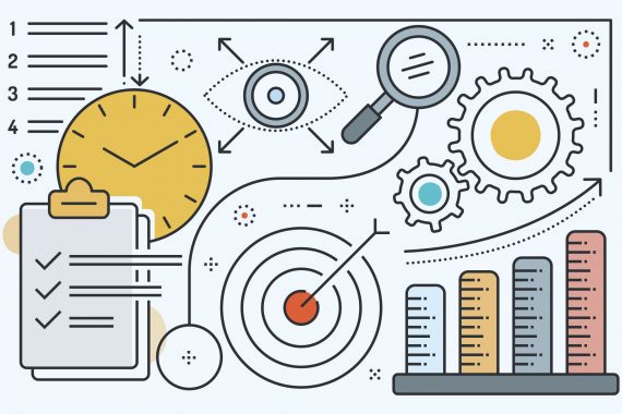 Line art which includes a checklist, magnifying glass, target, bar chart, gears, and clock.
