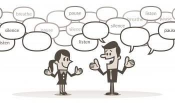 Illustration of two people in conversation with thought bubbles that say listen, silence, pause, and breathe.
