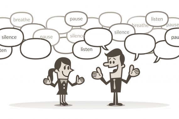 Illustration of two people in conversation with thought bubbles that say listen, silence, pause, and breathe.